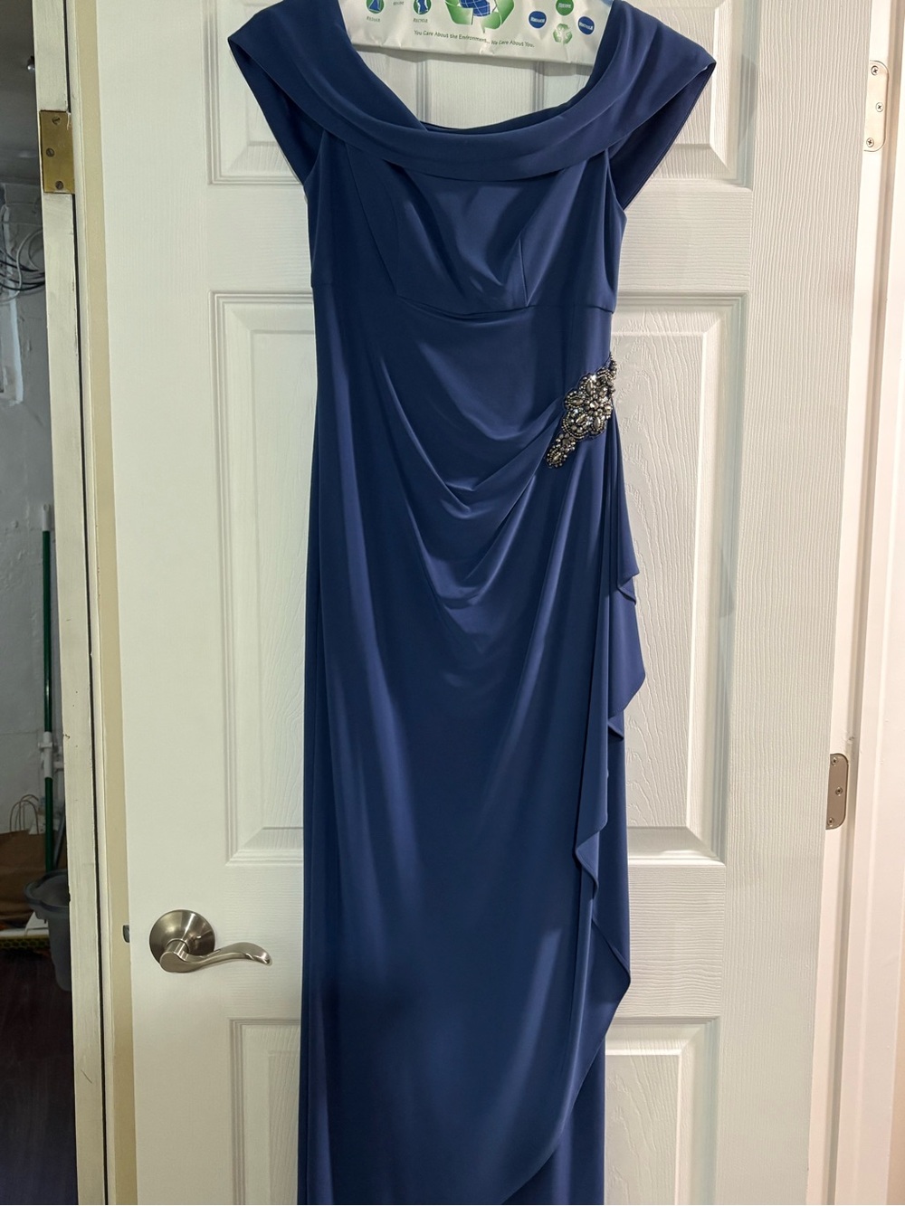 Alex Evenings Navy Blue Draped Gown with Side Jewel Accent